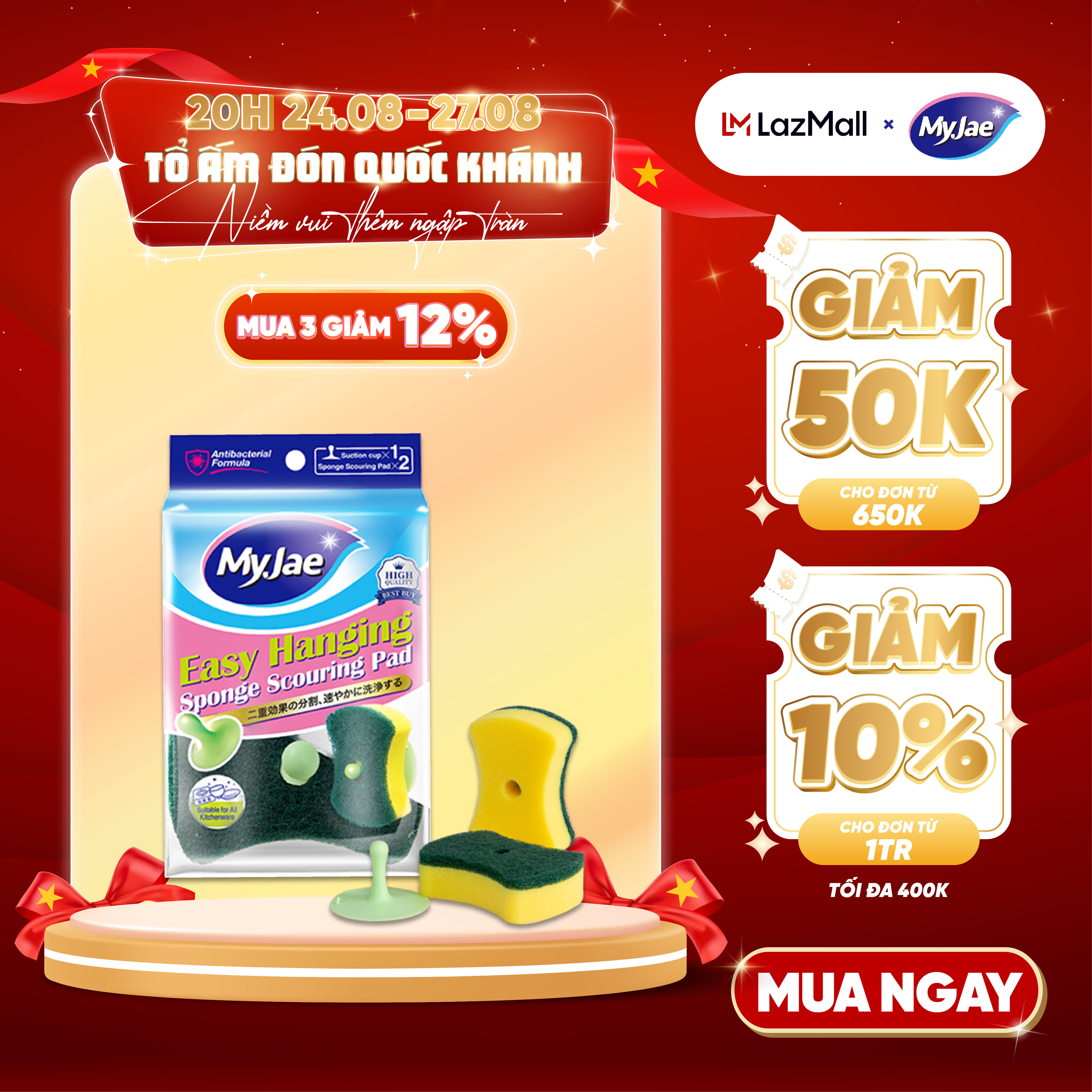 Miếng bọt biển rửa chén MyJae 2 mặt, mút xốp rửa bát đa năng kèm miêng nhựa hít kê 11.3cm x 7.8cm x 2.7cm (2 miếng/gói)