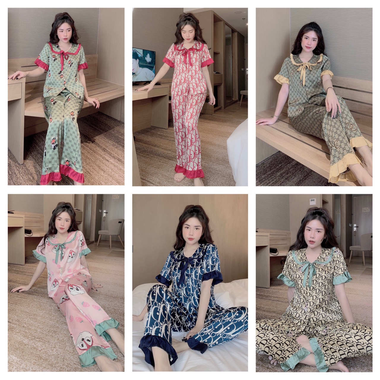 Đồ ngủ�đồ bộ pijama lụa tay ngắn-quần dài chất liệu satin sang chảnh