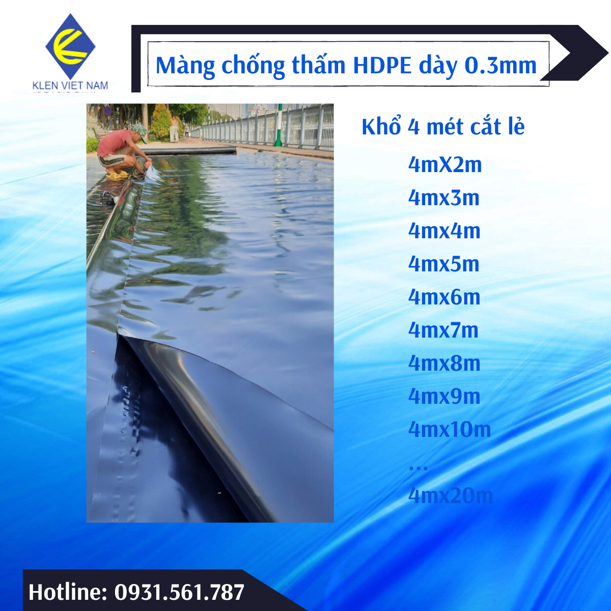 Bạt lót ao hồ, bạt lót hồ cá koi, bạt lót hồ tôm, chất liệu HDPE loại tốt dày 0.3mm, khổ rộng 4 mét, được chọn kích thước phù hợp