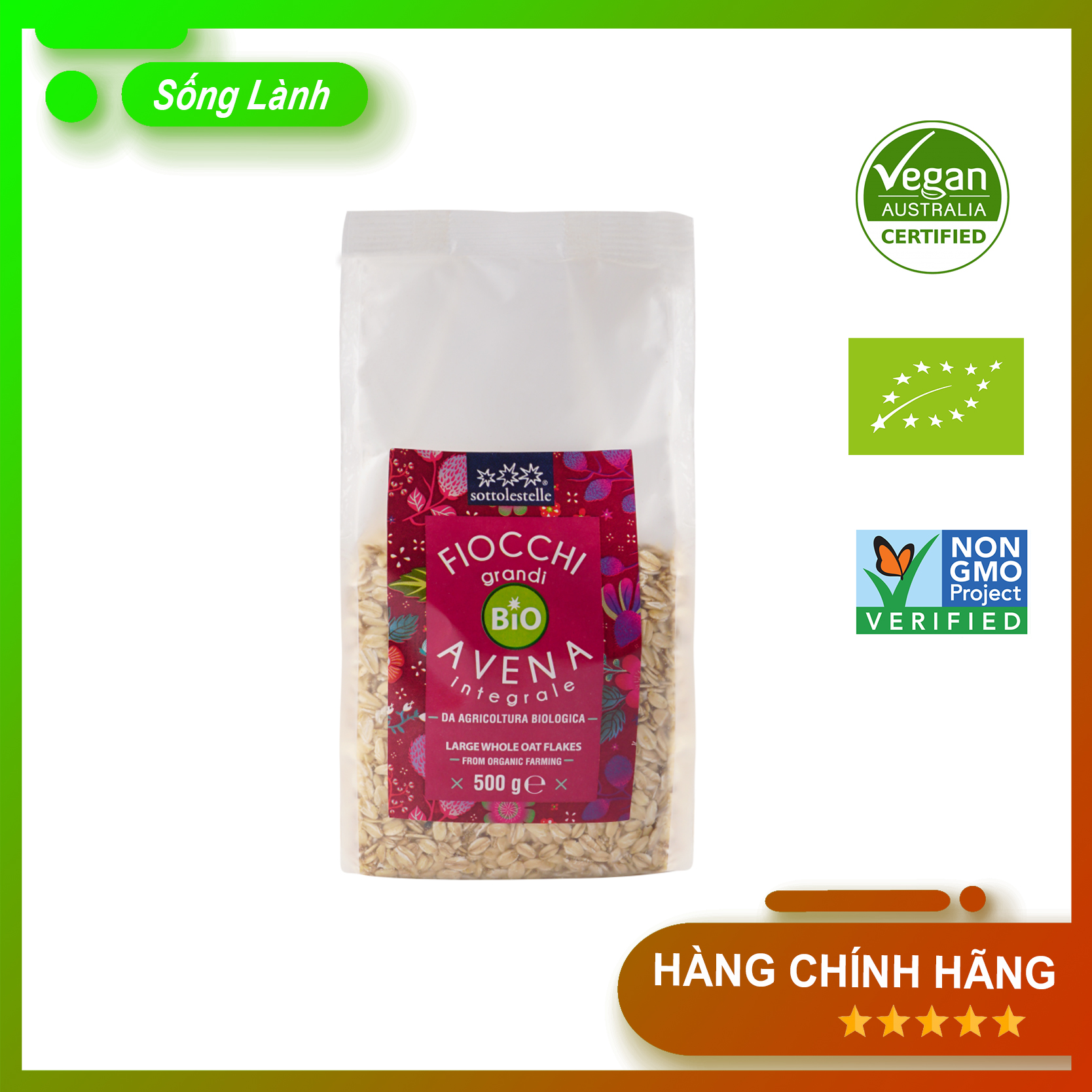 Yến mạch nguyên cám hữu cơ cán lớn Sottolestelle 500g Date 2022