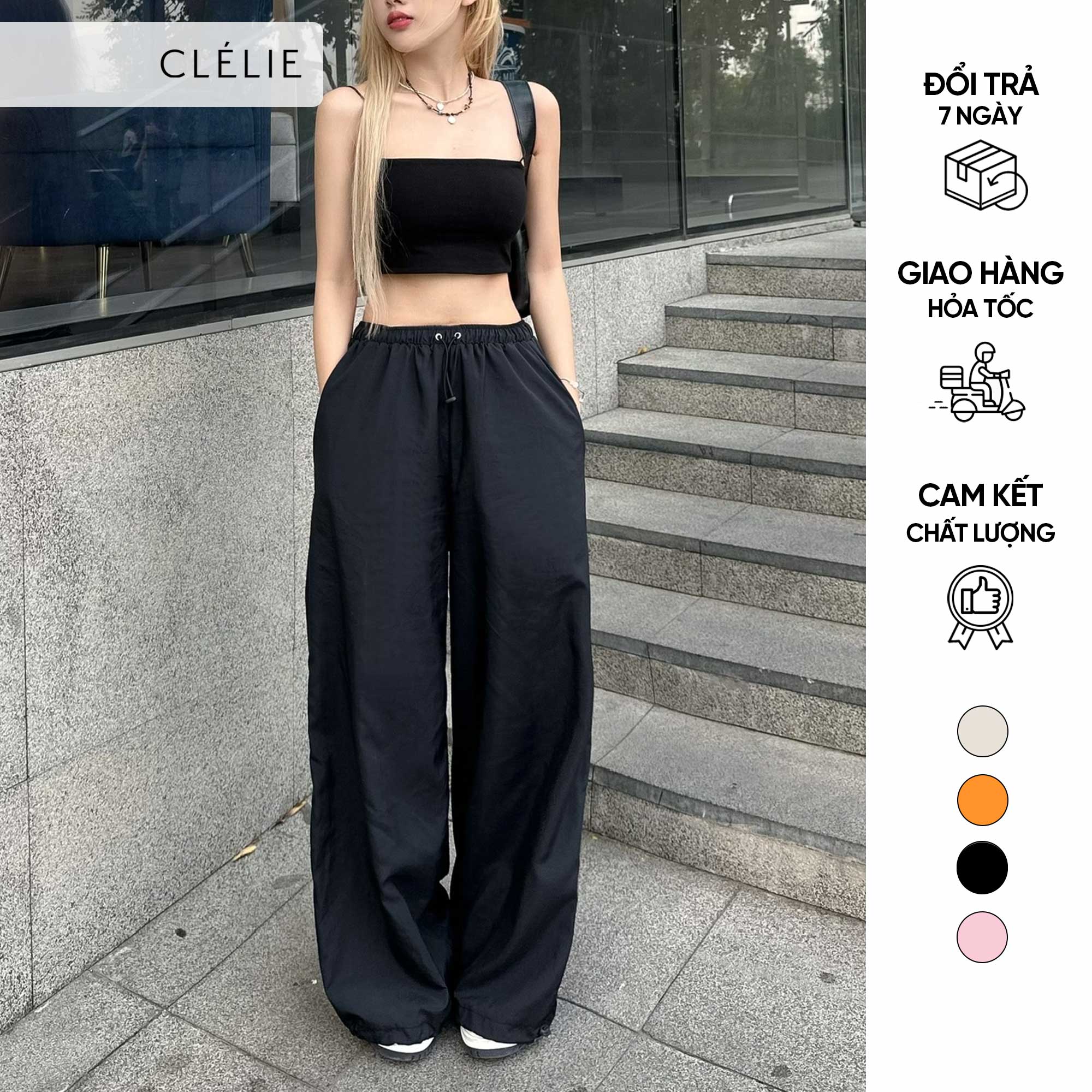 Quần dài ống rộng vải dù rút dây | w pant - clélie