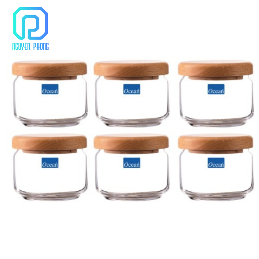 Lọ thủy tinh Ocean đựng gia vị có nắp gỗ rong cao su kín, số lượng 6 hũ, không thoát khí, 325ml, hàng nhập khẩu chính hãng, giao hàng trong ngày