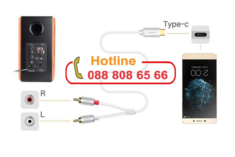 Cáp chuyển đổi usb type c sang 2 đầu hoa sen rca mạ vàng cao cấp dài 1.5m ugreen 30735