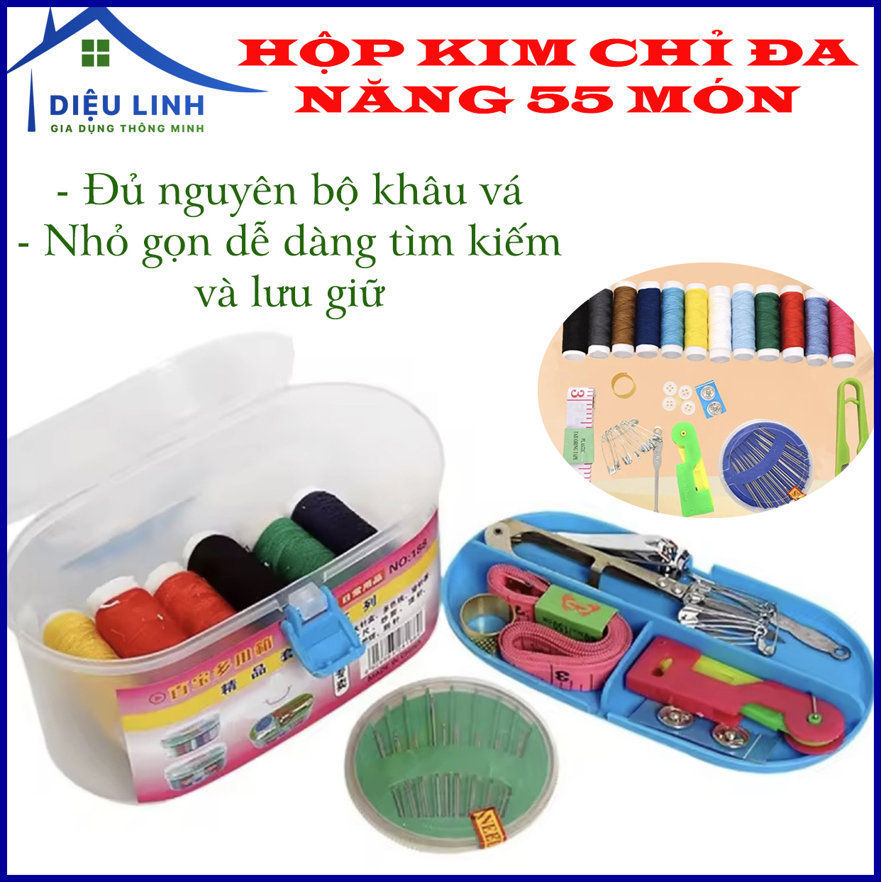 Hộp Kim Chỉ May Đồ Đa Năng Tiện Dụng 55 Món Phụ Kiện May Vá, Hộp Kim Chỉ Gia Đình Tiện Dụng dieulinhshop