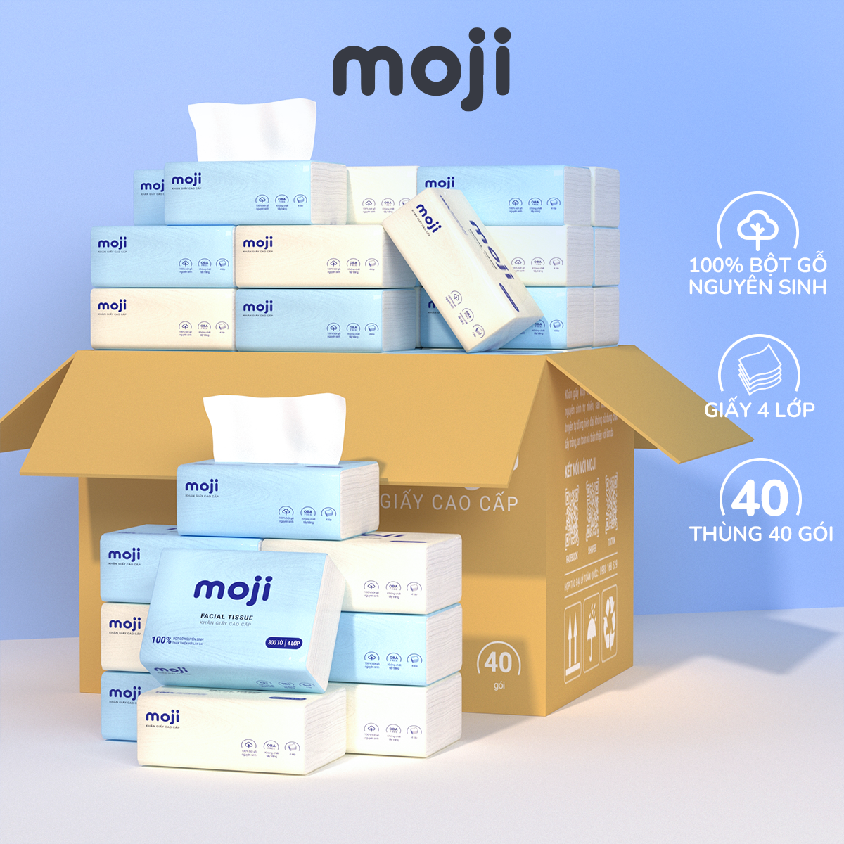 Giấy ăn gấu trúc, thùng 40 gói rút, khăn giấy MOJI 4 lớp cao cấp tiện lợi, làm hoàn toàn từ bột gỗ nguyên sinh tự nhiên