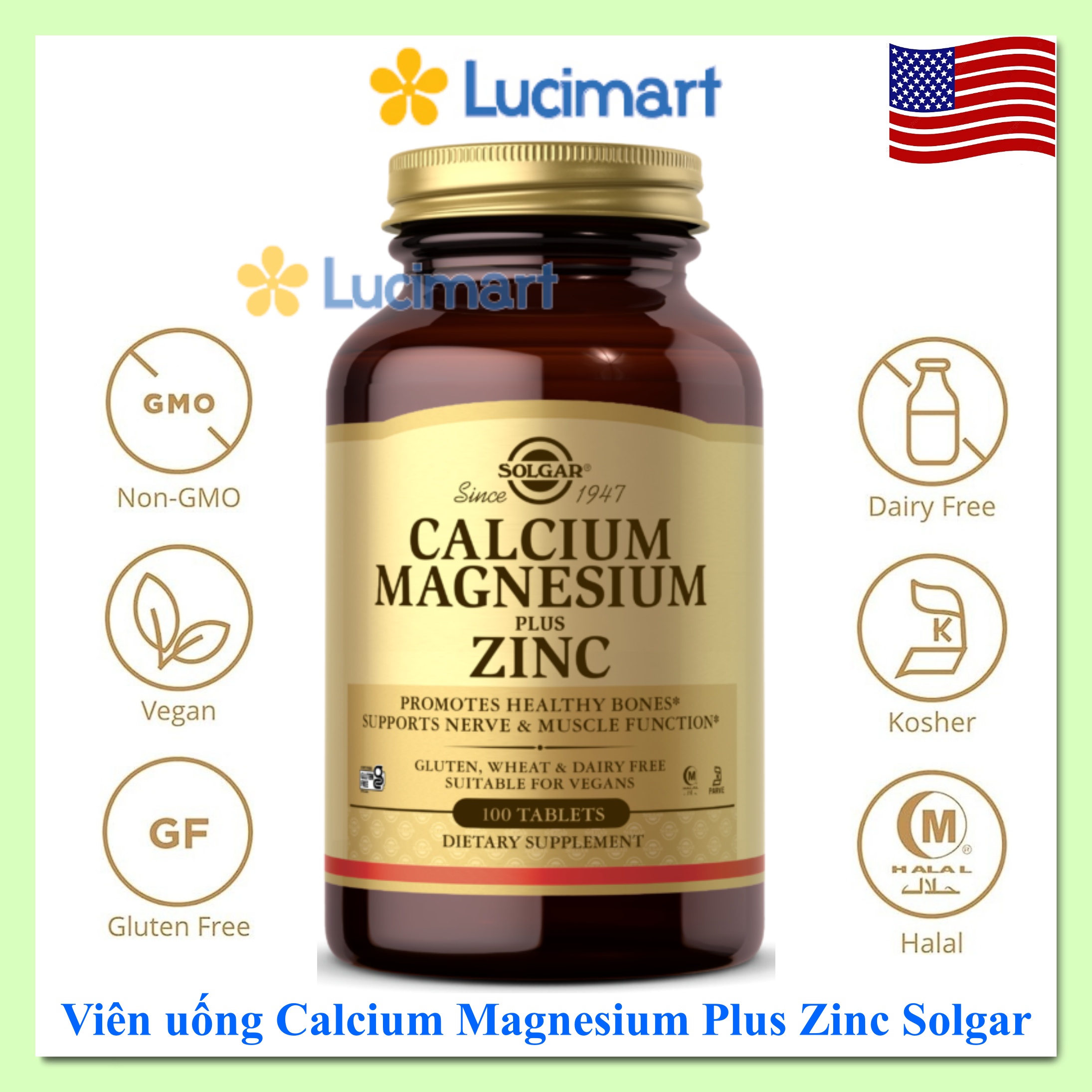 Viên uống Calcium Magnesium Plus Zinc Solgar hũ 100 viên Hàng Mỹ hạn dùng
