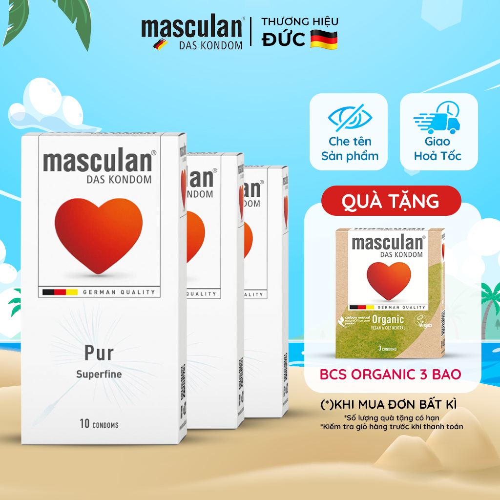 Combo 3 hộp 10 cái bao cao su masculan pur superfine - siêu mỏng - nhiều gel ,cao cấp, bao cao su masculan không mùi cao su, bán chạy nhất tại đức - tặng hộp 3 bao cùng loại