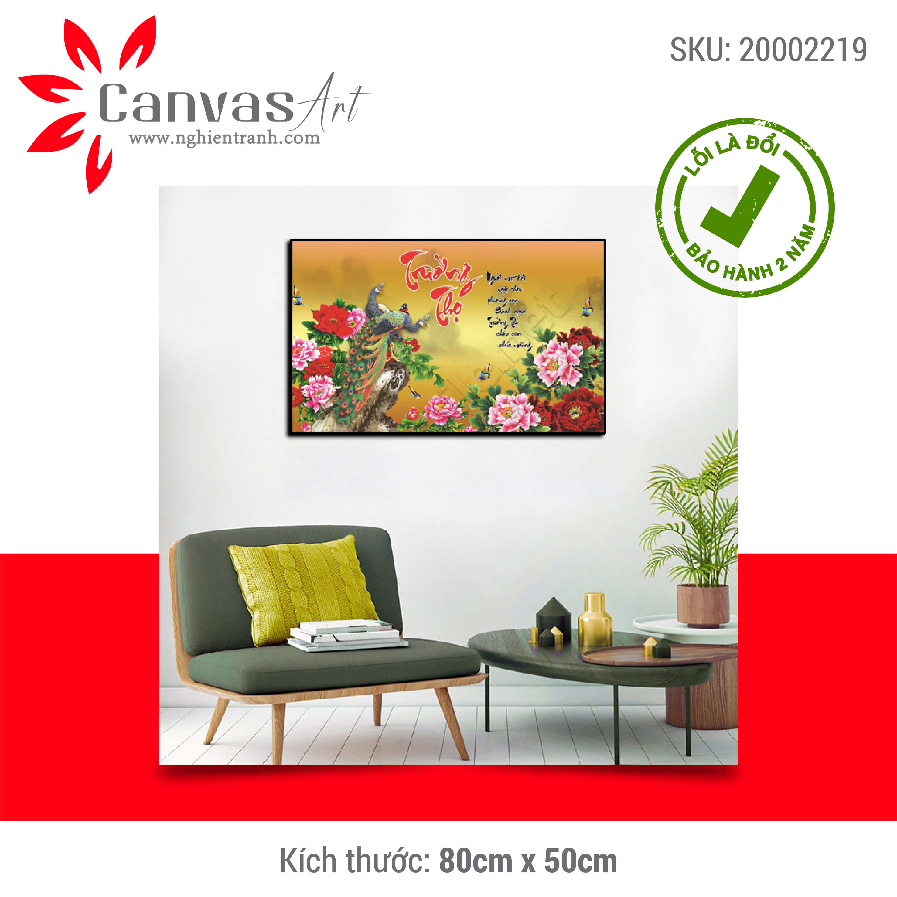Tranh treo tường hiện đại chim công in trên canvas có khung, trang trí phòng khách, phòng ngủ
