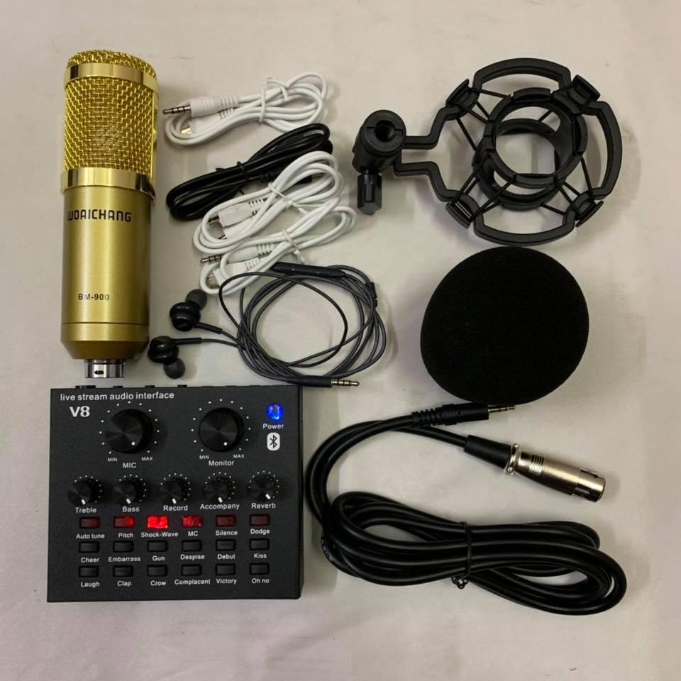 Bộ combo mic livestream hát karaoke micro woaichang BM-900 card V8 bluetooth có autotune tặng tai nghe AKG