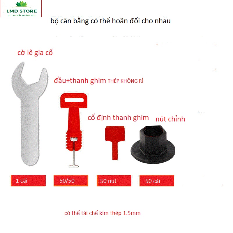 Ke cân bằng lát gạch tái sử dụng Ke vít ốp lát gạch men chữ túi 50 cái kèm cờ lê móc