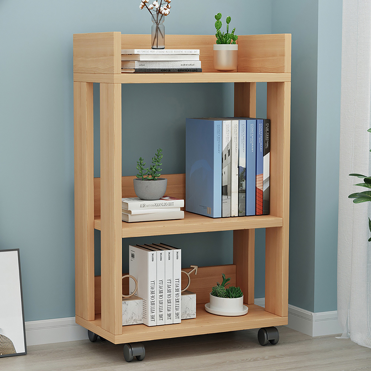 Kệ để sách 3 tầng có bánh xe 45x24x68cm - kệ đựng sách vở đa năng lắp ghép tiện dụng, kệ sách vở để bàn mini màu vân gỗ