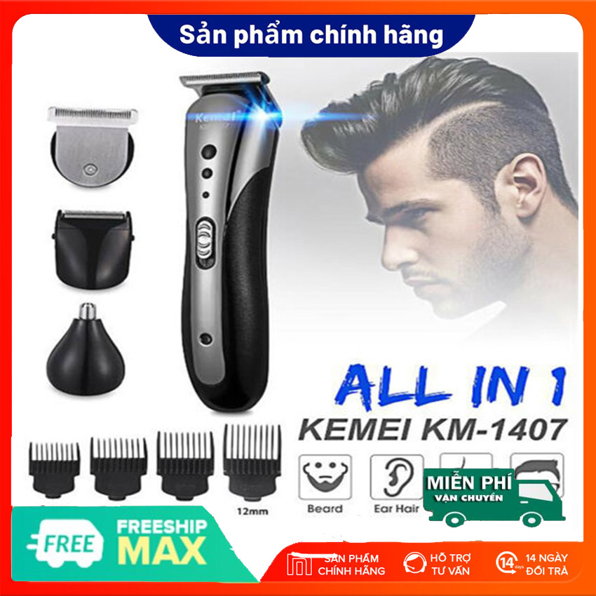 Tông đơ cắt tóc cho gia đình, Tông đơ cắt tóc người lớn trẻ em Tông đơ cắt tóc đa năng chuyên nghiệp Cắt tóc, cạo râu, cắt lông mũi 3in1 Kemei KM-1407 - bảo hành toàn quốc 1 đổi 1
