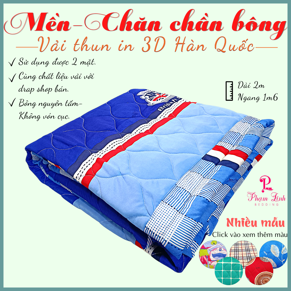 Mền-Chăn chần bông thun in 3D Hàn Quốc sợi vải Polyester sử dụng được 2 mặt tiện lợi size 1m6x2m