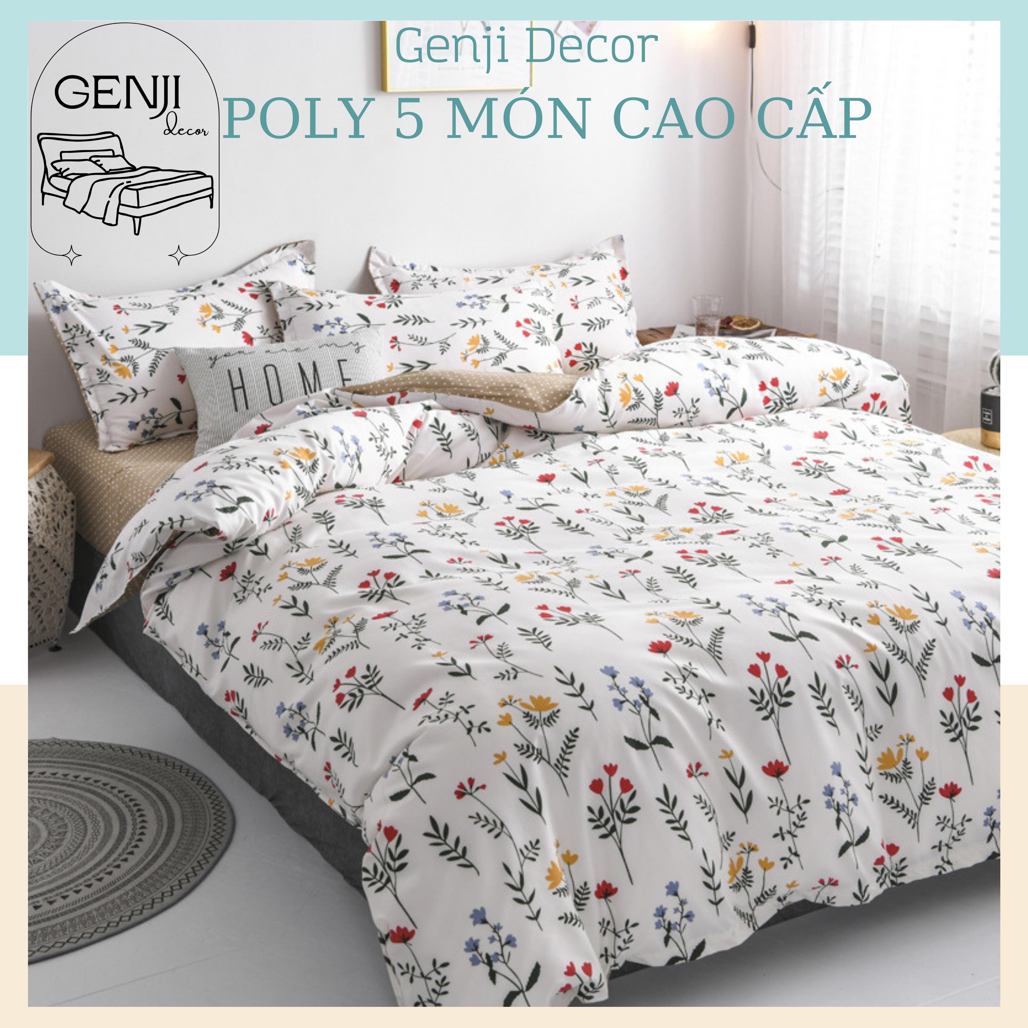 Bộ chăn ga gối cotton poly 3D Genji Decor, bộ chăn ga gối 5 món cao cấp đầy đủ kích thước