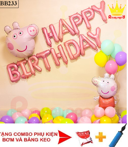 set trang trí sinh nhật hình lợn heo peppa +25 bóng cao su+ bơm + băng dính