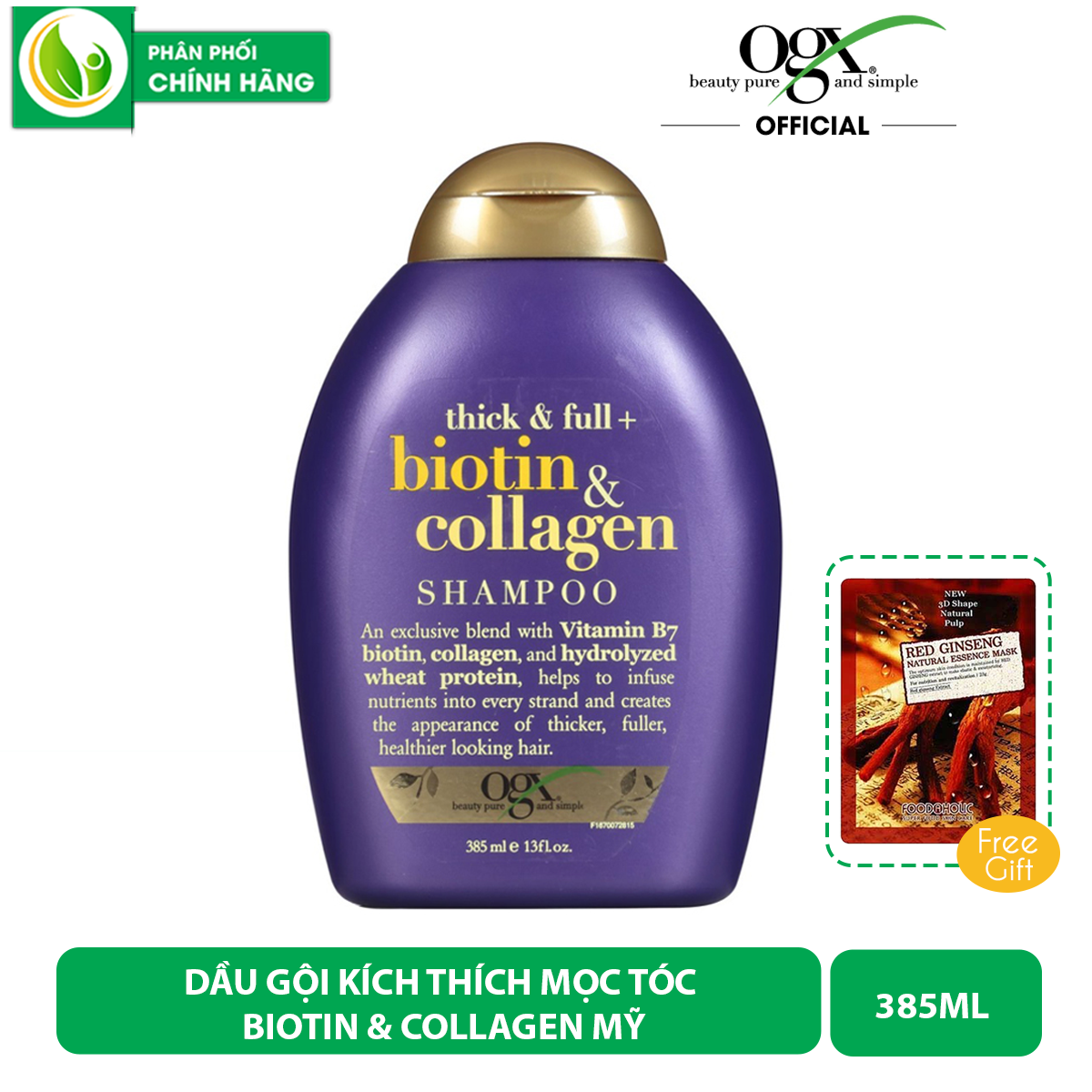 Dầu Gội Biotin Collagen OGX Mỹ Kích Thích Mọc Tóc 385ml - Tím