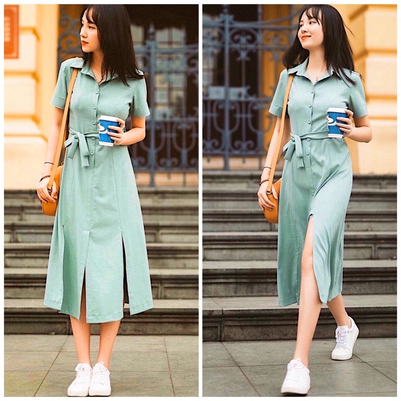 Đầm sơ mi mint xẻ tà