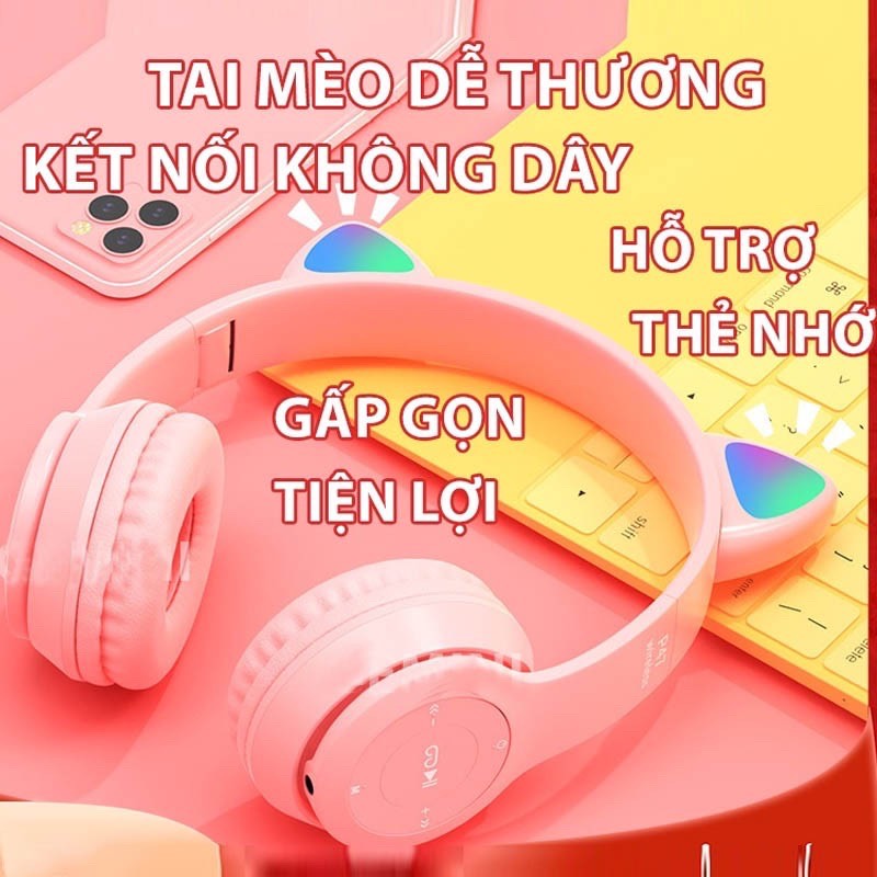 Tai nghe Bluetooth P47M Tai nghe gắn tai mèo dễ thương Phát sáng đèn đầy màu sắc Tai nghe LED có thẻ có thể gập lại