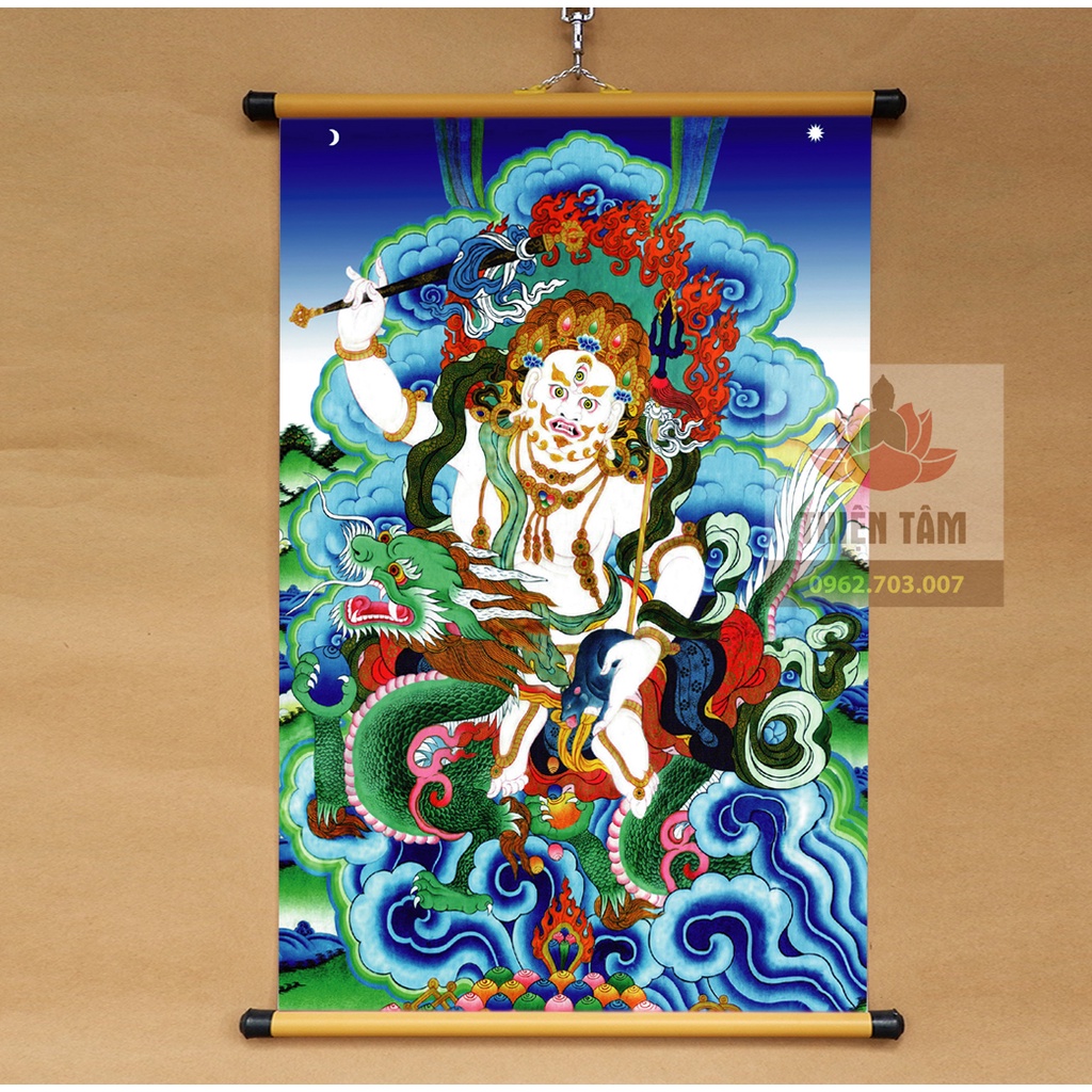 Tranh Mật Tông Thangka Bạch Thần Tài Jambala 40x60cm bằng vải phủ bóng cao cấp dày dặn