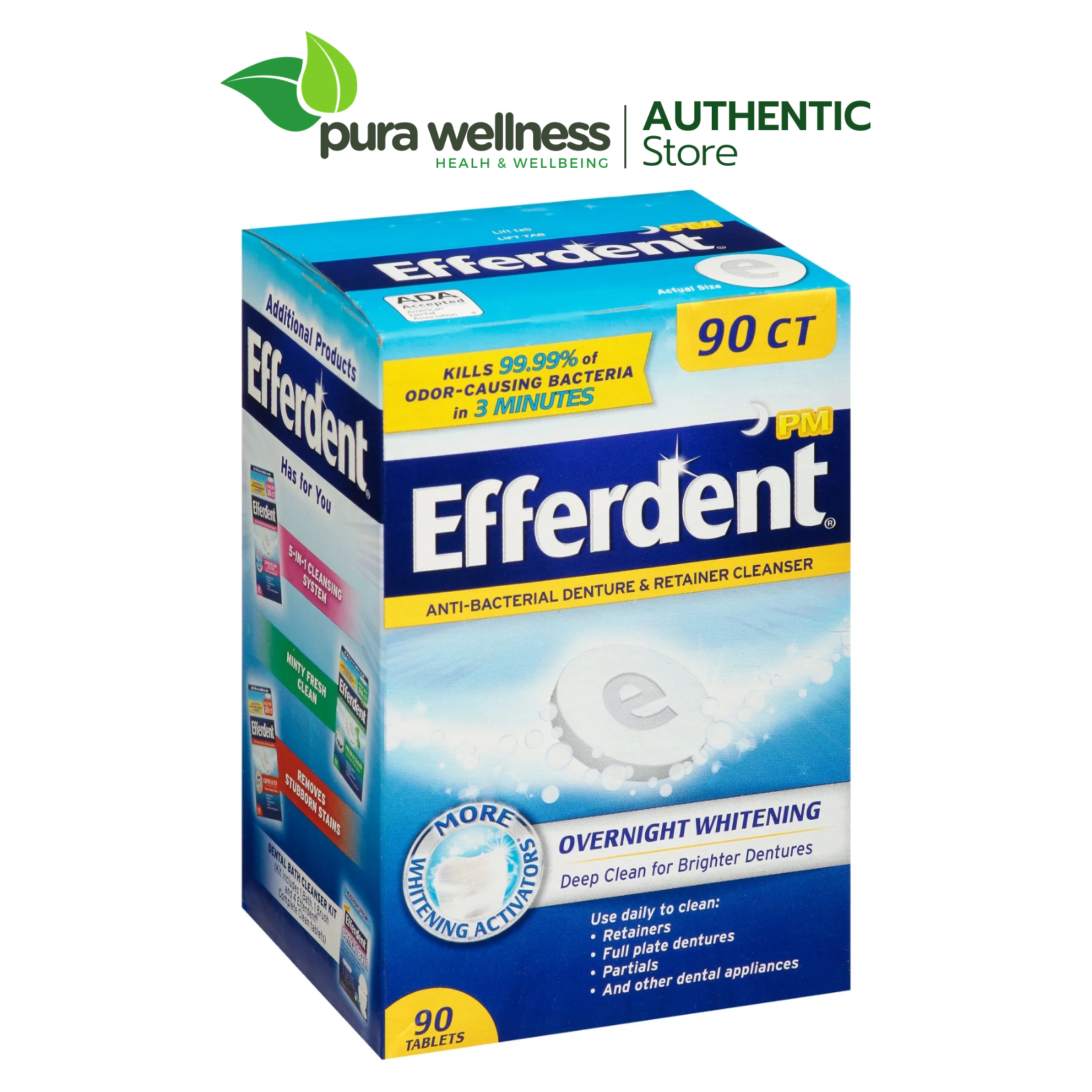Efferdent Overnight Whitening Viên sủi làm sạch và vệ sinh hàm giả răng giả hàm tháo lắp, khay chỉnh nha 90 viên