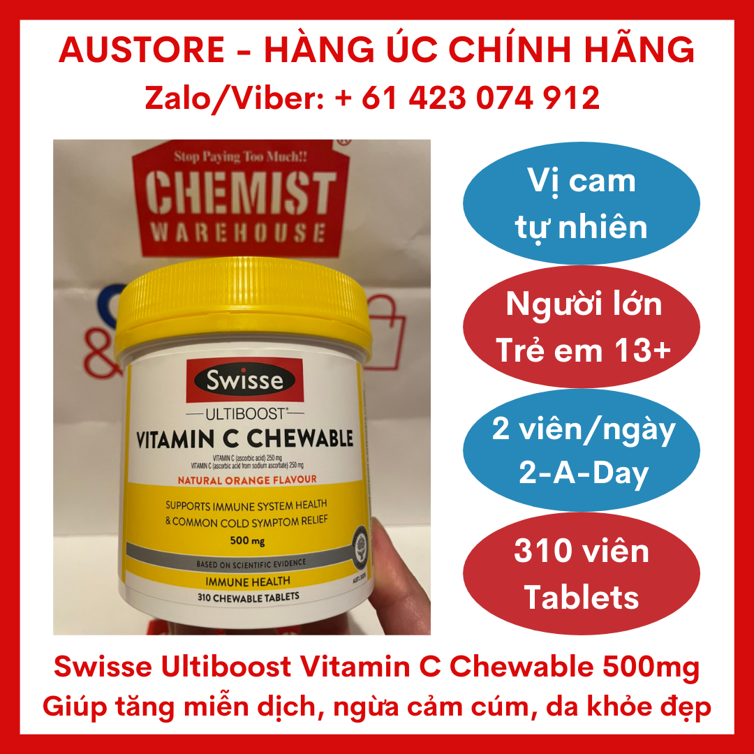 [Bill Úc, Date mới] Swisse Ultiboost Vitamin C Chewable 500mg 310 Tablets - Viên nhai, ngậm Swisse bổ sung vitamin C vị cam giúp hỗ trợ sức khỏe miễn dịch, ngăn ngừa cảm cúm, làn da khỏe đẹp