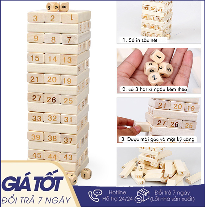 Đồ Chơi Rút Gỗ Số Loại Lớn 54 Thanh  BỘ TRÒ CHƠI RÚT GỖ 2 LOẠI HỘP LỚN NHỎ, rút thanh gỗ tháp xếp - Đồ chơi rút gỗ 54 thanh kèm 4 viên xúc xắc