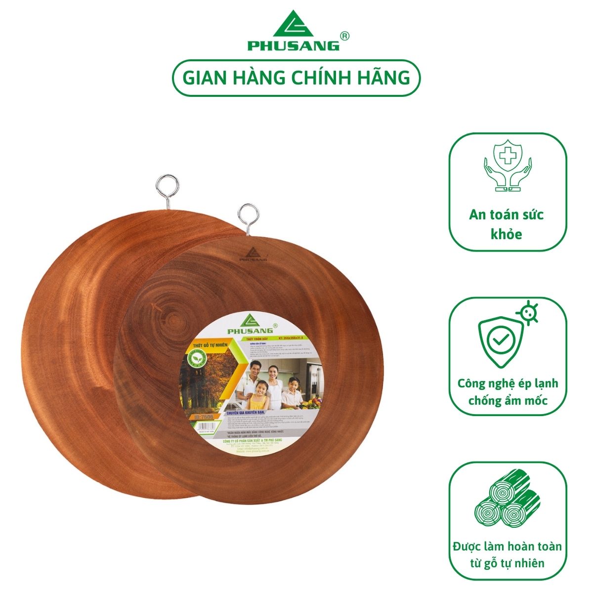 Thớt gỗ tự nhiên hình tròn PHÚ SANG được làm từ gỗ xà cừ dùng để băm chặt và thái thức ăn vô cùng an toàn