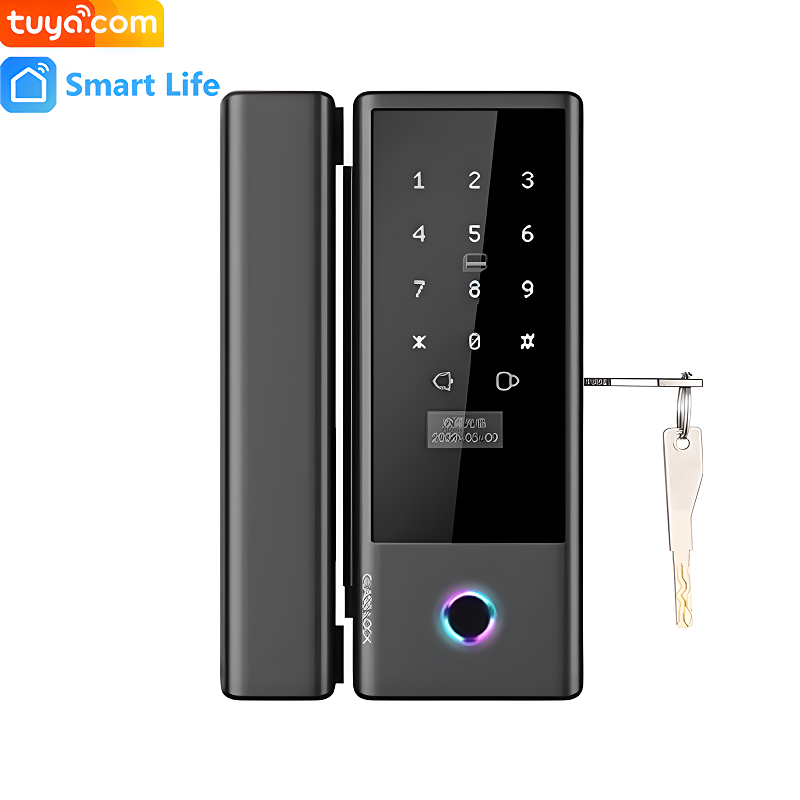 Khóa vân tay cửa kính tuya j7 + chìa cơ + màn hình led