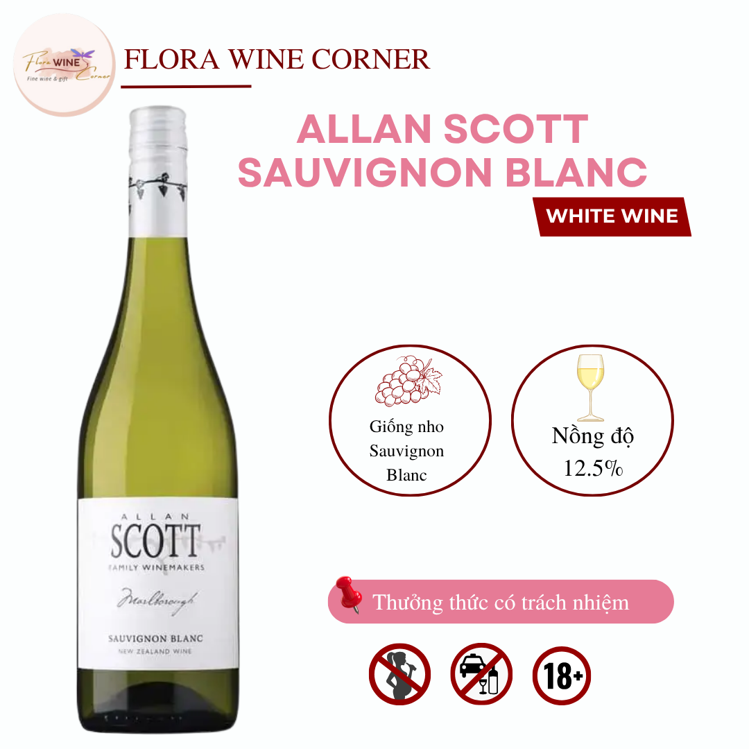 Rượu vang trắng New Zealand Allan Scott Sauvignon Blanc – Nồng độ 12.5% Alc, 750ml - Nhập khẩu Chính Hãng