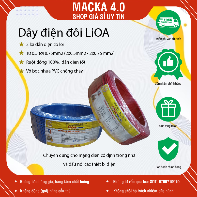 (Giá mét) Dây điện đôi Lioa 2x0.5mm2/ 2x0.75 mm2 lõi đồng nguyên chất dẫn điện tốt độ an toàn cao khi dẫn điện