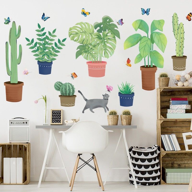 Decal dán tường chậu cây và mèo con