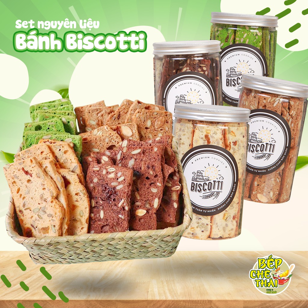 Bánh biscotti ăn kiêng mix 3 vị Vani Chocolate Matcha - hũ 250gr - Bếp Chè Thái