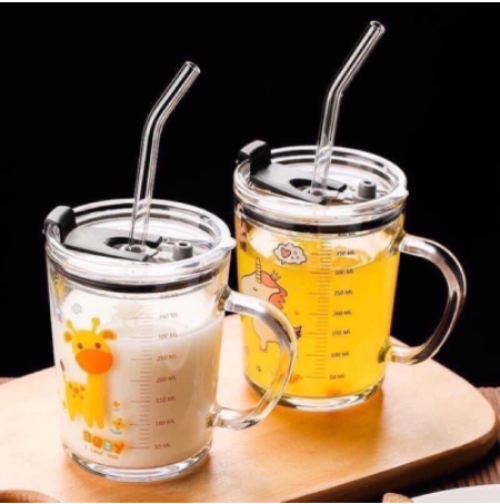 Cốc thủy tinh chia vạch có tay cầm, Cốc pha sữa chia vạch cho bé có tay cầm và ống hut và nắp đậy chống tràn 400ml