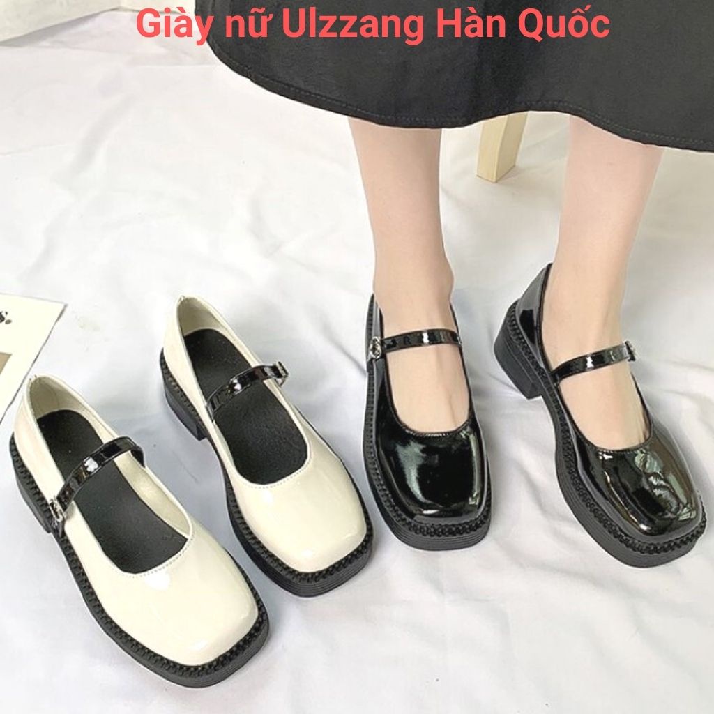 Giày lolita mũi vuông hai màu đen trắng bóng quai đen đẹp thanh lịch hàng chất đẹp