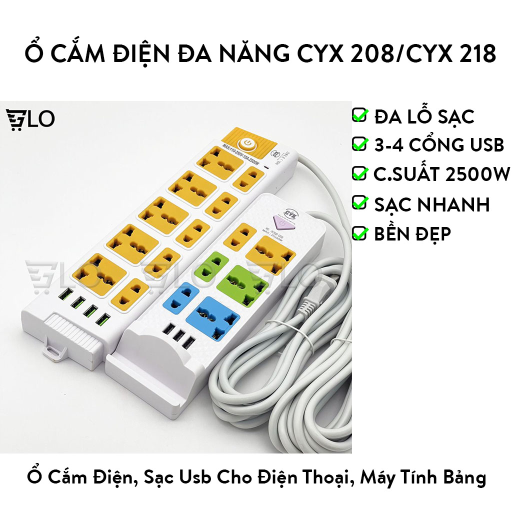 Ổ Cắm Điện CYX K208 K218 Có 3-4 Cổng USB Tích Hợp Sạc Đa Năng, 3 Ổ Cắm 3 Chấu,3 Ổ Cắm 2 Chấu Dây Dài 3M Công Suất 2500W