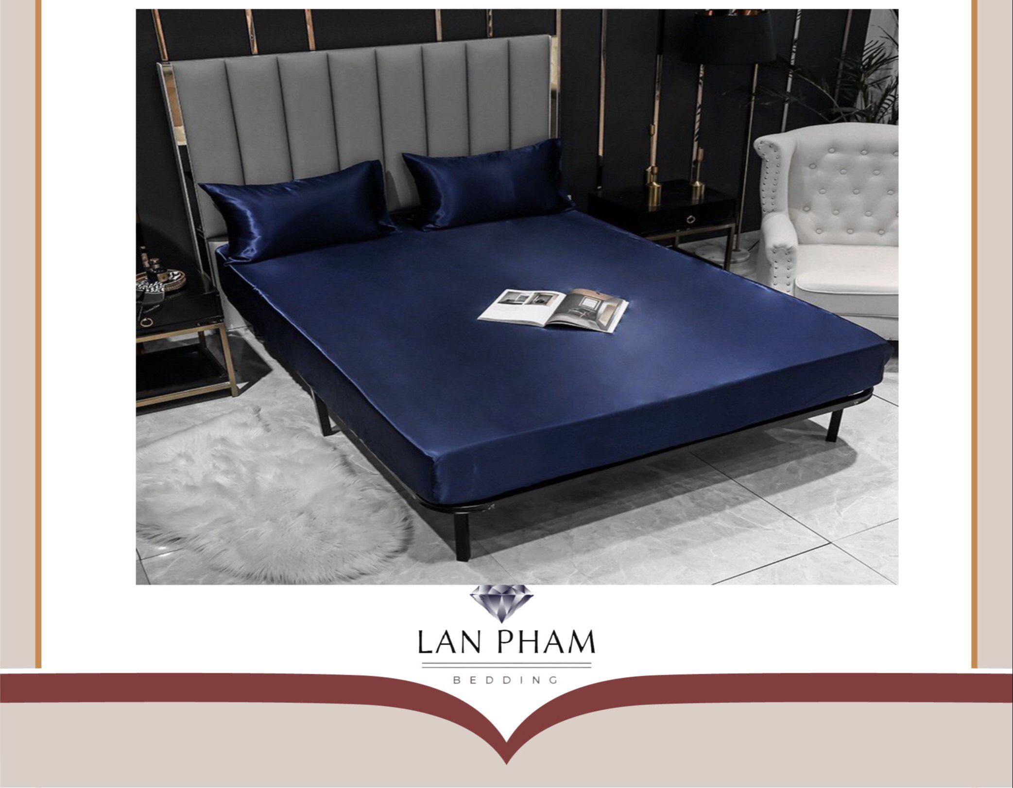 ( Lụa Loại 1) Bộ 4 Món Ga Gối Phi Lụa Xanh Đen Lan Pham Bedding Mềm Mại Đẳng Cấp Sang Trọng Cho Nhà Bạn