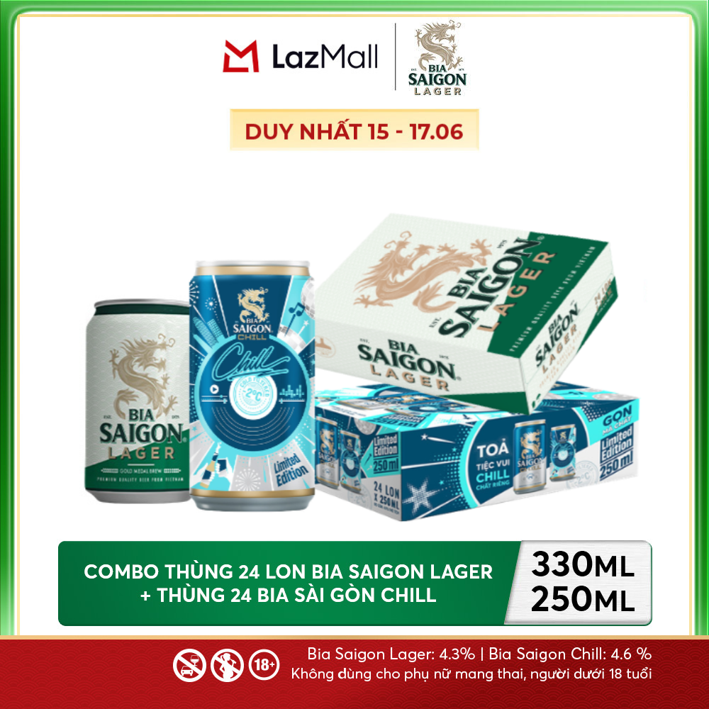 Nồng Độ Cồn 4.3% - Combo 1 Bia Saigon Lager 330ml + Nồng Độ Cồn 4.6% - 1 Bia Sài Gòn Chill 24 Lon 250ml