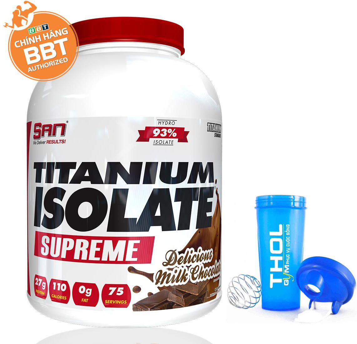 Sữa Tăng Cơ - S.A.N Titanium Whey Isolate Supreme - Protein thuỷ phân tinh khiết hỗ trợ hấp thu nhanh - 76 Lần dùng - 2.273kg - tặng kèm bình lắc 700ml cao cấp