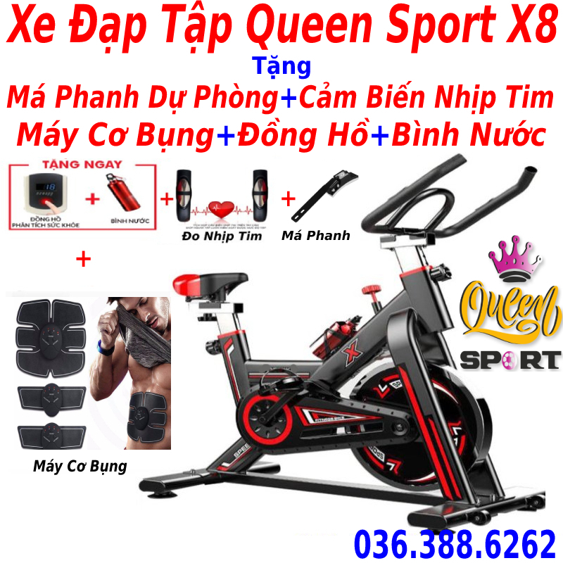 Máy đạp xe đạp tập thể dục tập gym tại trong nhà máy tập chạy bộ Queen Sport X9 SPORT đa chức năng thế hệ mới - Tặng kèm má phanh dự phòng + giá đỡ ipad + cảm biến nhịp tim + đồng hồ - Bảo hành 3 năm