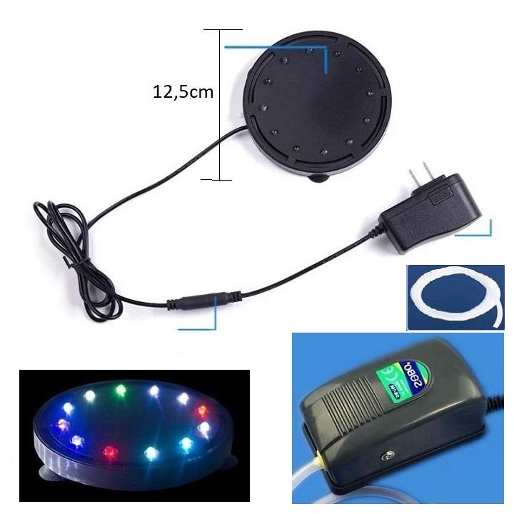 Máy sục khí oxy bể cá - bộ máy sủi bọt khí oxi và đĩa sủi có đèn led nháy 7 màu