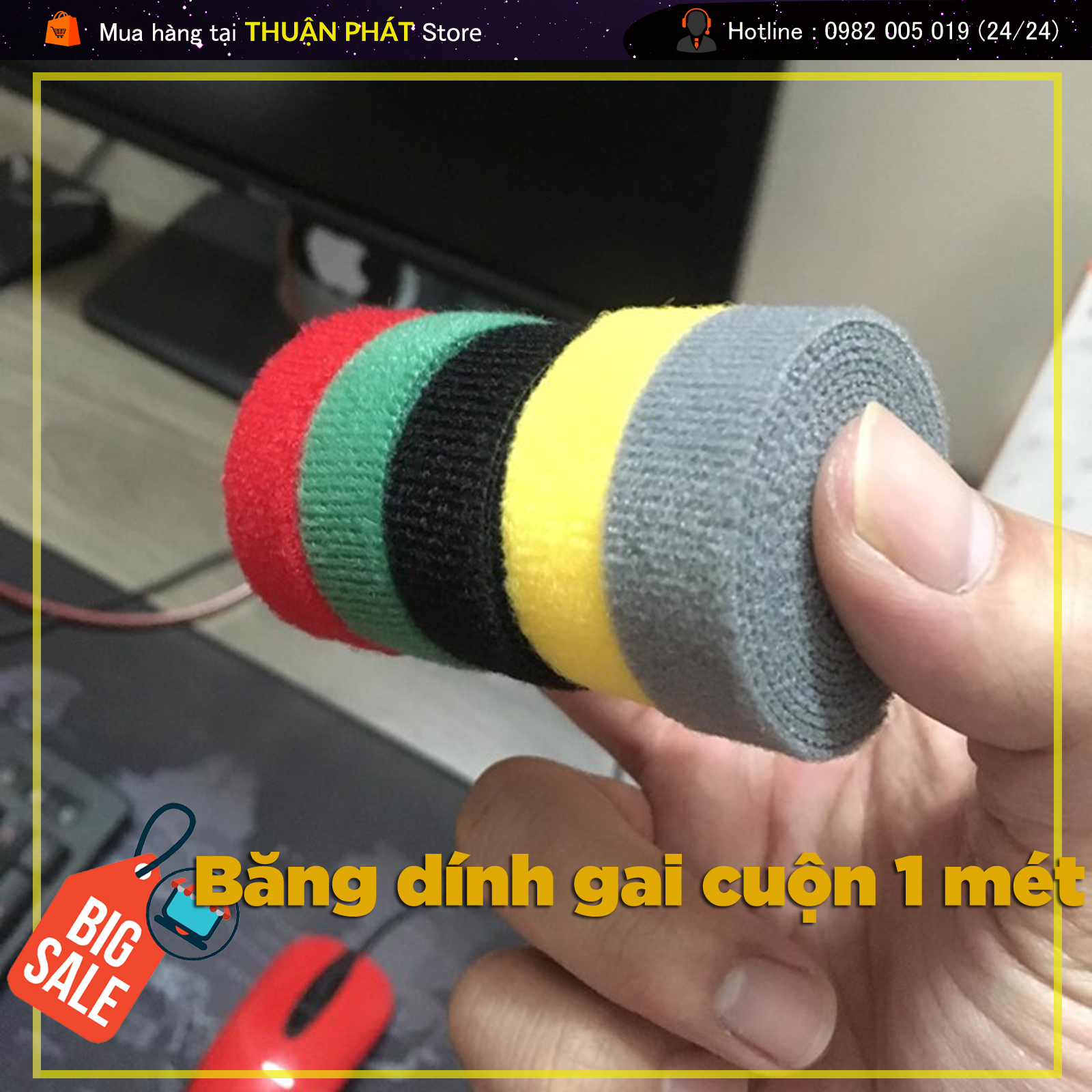 BĂNG DÍNH GAI - BĂNG DÍNH NHÁM CUỘN 1M - 5 MÀU