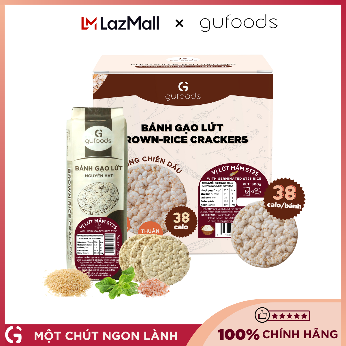 Bánh gạo lứt GUfoods - Không chiên dầu, Không đường, Từ gạo và ngũ cốc nguyên hạt, Lành mạnh, Phù hợp Eat clean, Ăn vặt healthy, Thực dưỡng, Tập gym, Thuần chay, Đa dạng hương vị