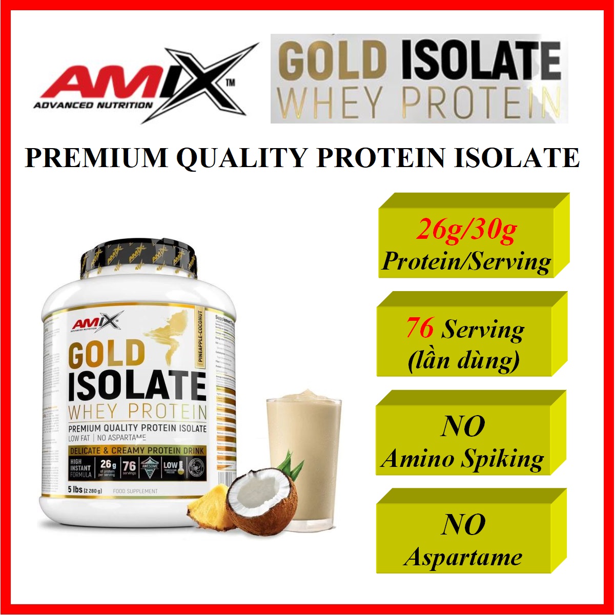 Amix Gold Isolate Whey Protein 5Lbs 76 lần dùng Bổ sung Protein, Tăng Cơ