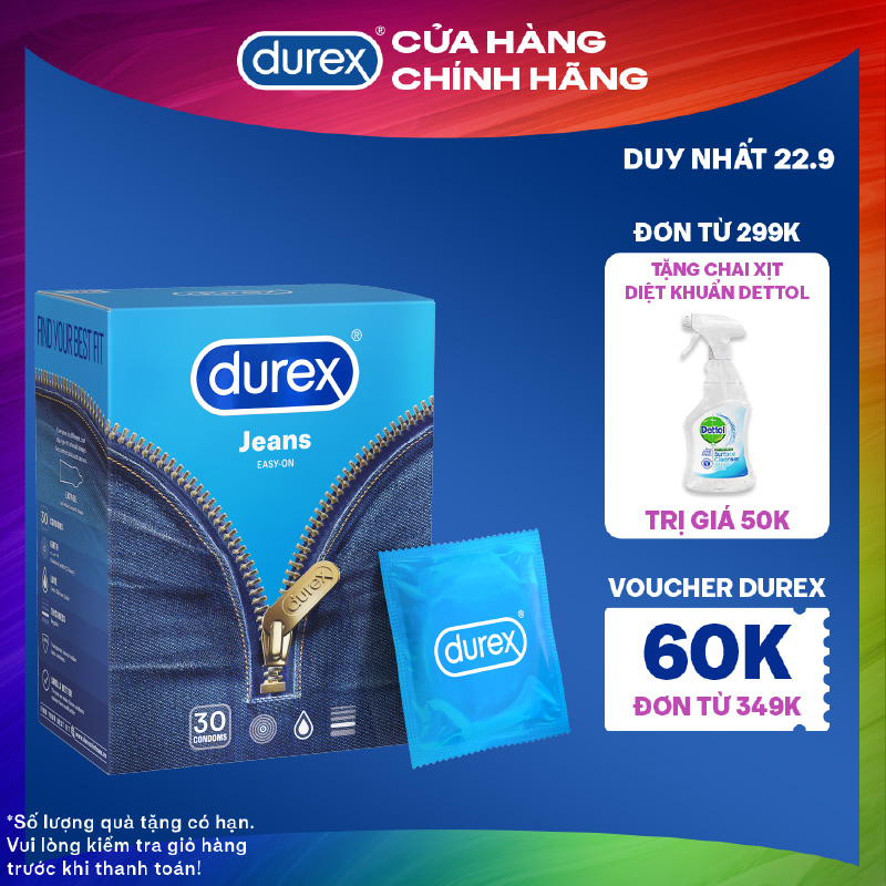 Bao cao su Durex Jeans cơ bản bôi trơn size 52.5mm hộp 30 bao