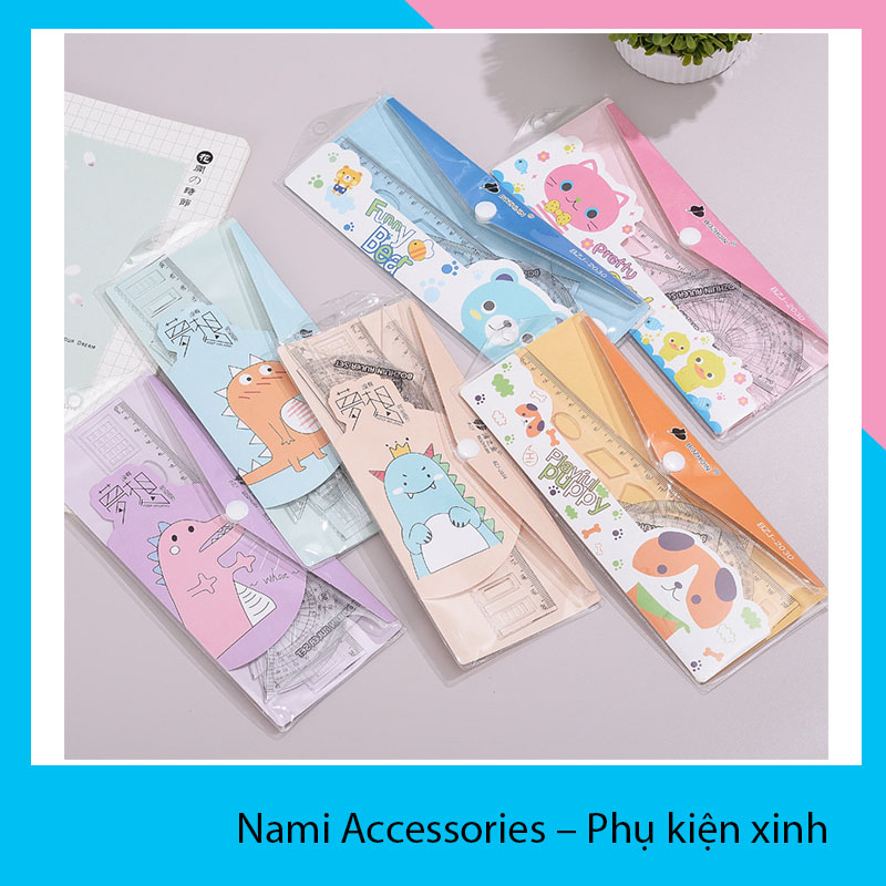Bộ 4 thước kẻ học sinh 20cm kèm túi xinh xắn