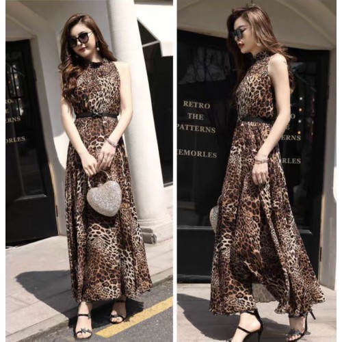 Đầm maxi beo cổ trụ sát nách kèm nịt thời trang