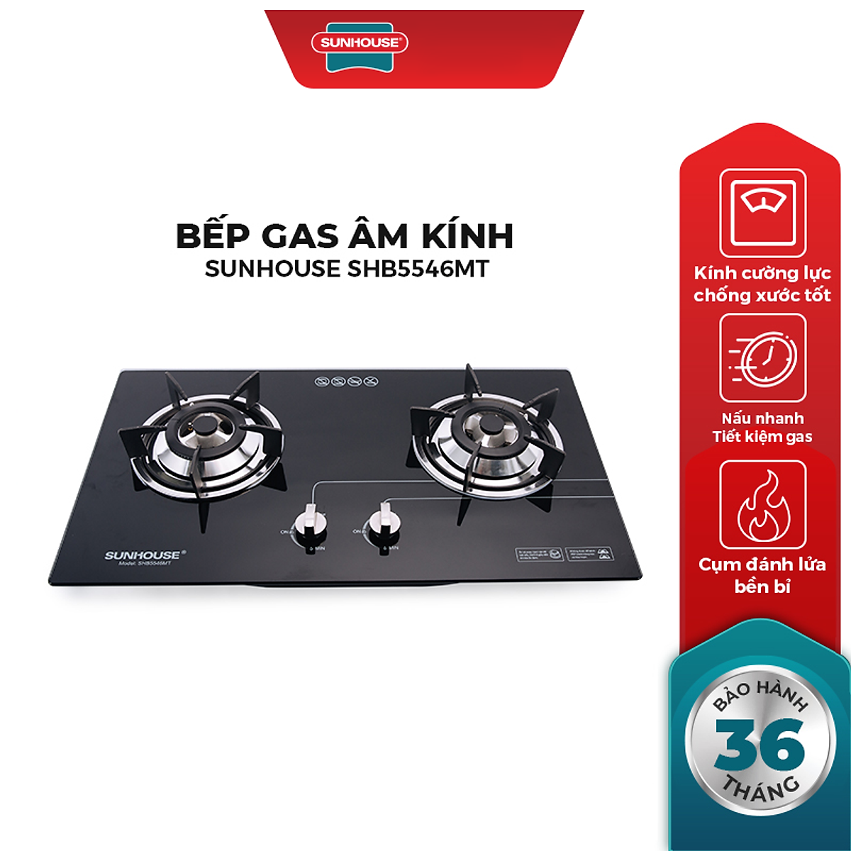 Bếp gas âm sunhouse shb5546mt- chính hãng 100% giá rẻ,đánh lửa ic,có đầu hâm-kính cường lực,nấu tiết kiệm gas-bảo hành 12 tháng