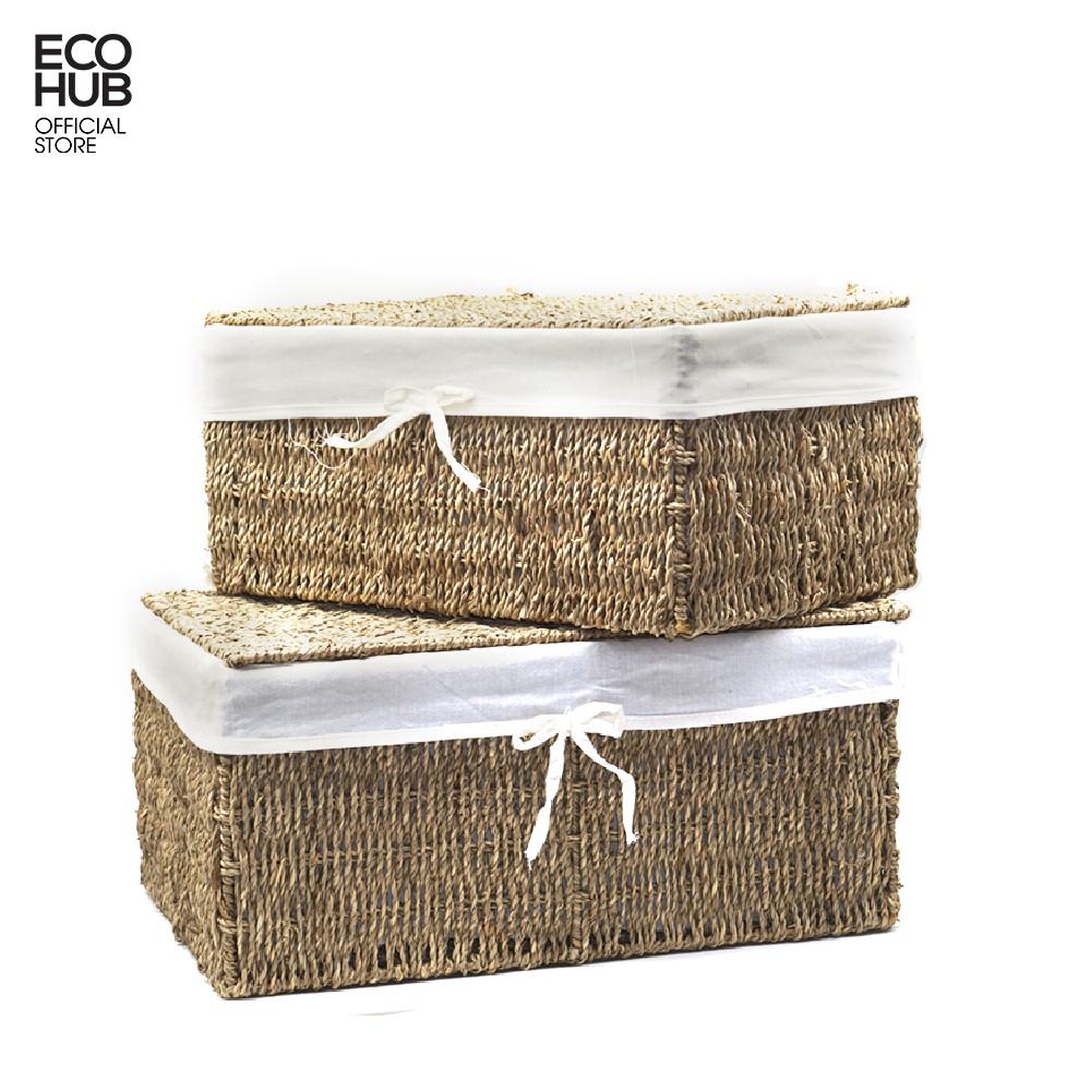 Giỏ cói chữ nhật ECOHUB đựng đồ đa năng/hộp đựng quần áo/đồ khô sang trọng, Khung sắt có tay cầm / Lót vải / Nắp | EH059