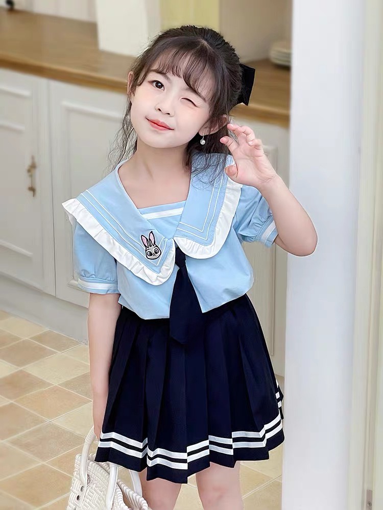 Váy bé gái, sét váy học sinh áo cotton cà vạt đen 12-34kg