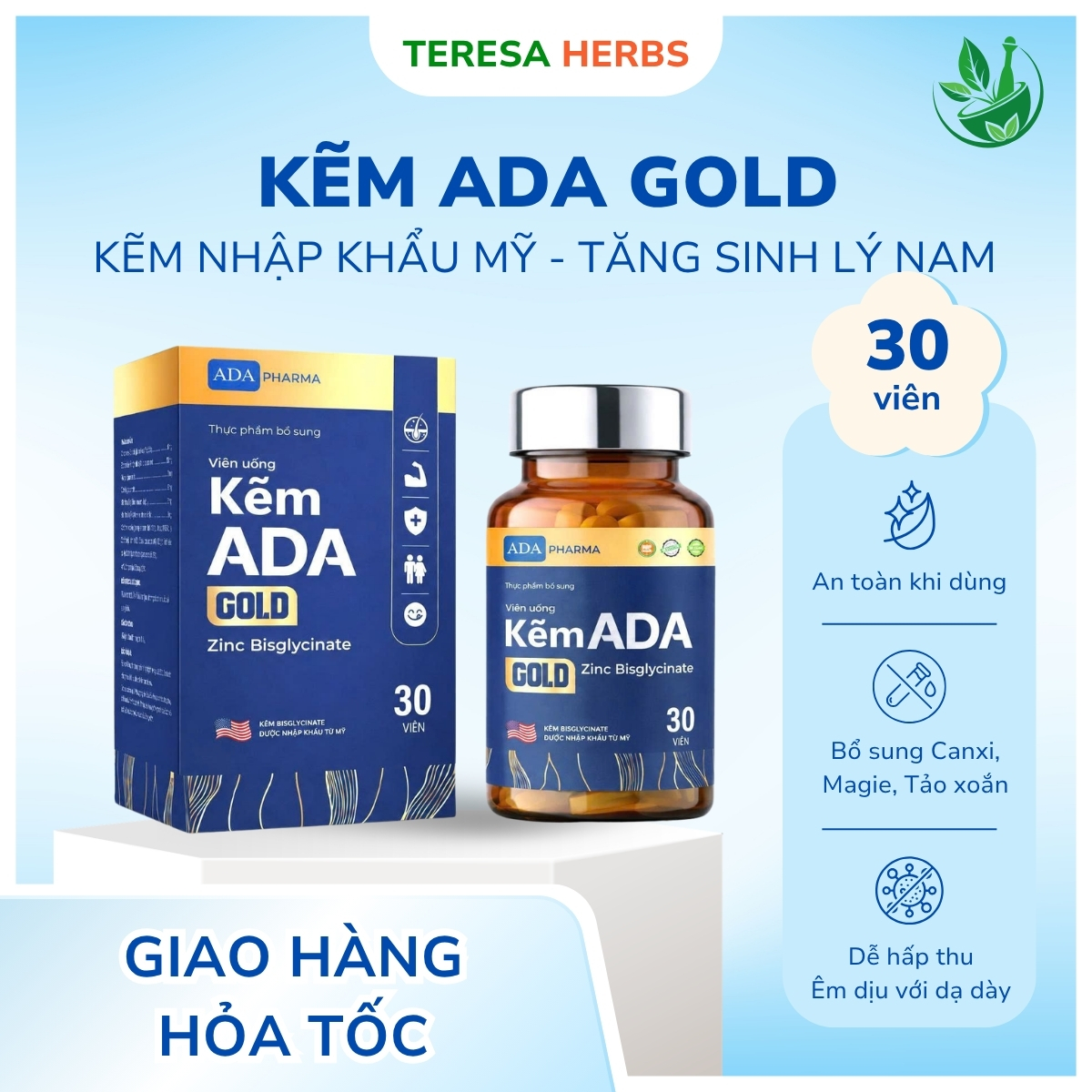 Kẽm ADA Gold - Kẽm nhập khẩu Mỹ - Tăng sinh lý nam - 30 viên - An toàn khi dùng - Bổ sung Canxi, Magie, Tảo xoắn - Dễ hấp thu